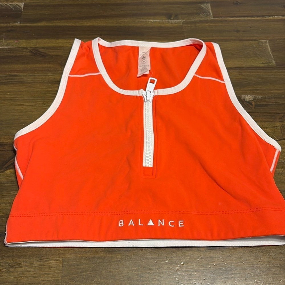 Balance Athletica Isotope Sports Bra Crop Top Orange White Zipper Logo M